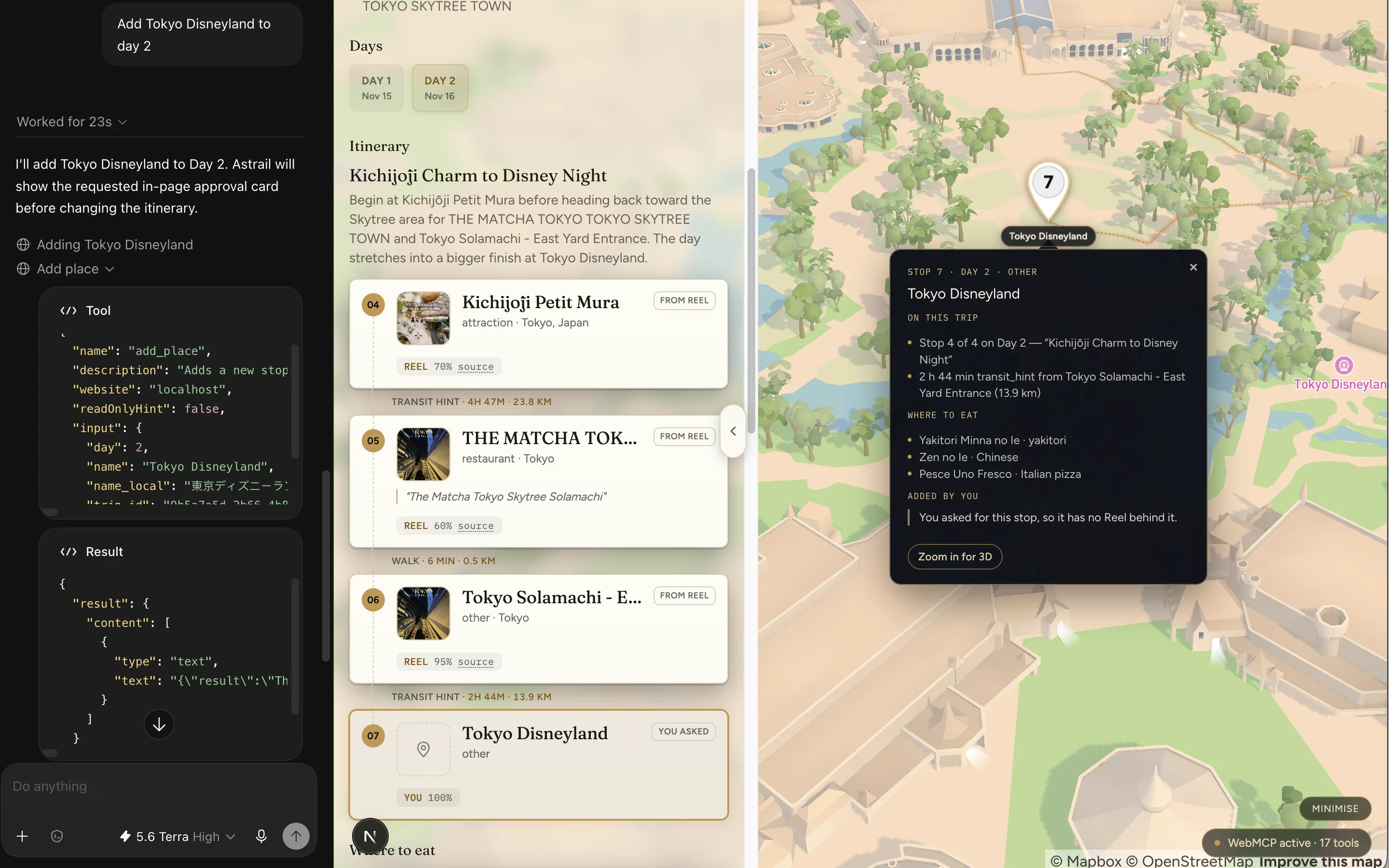 Astrail itinerary beside the live map, after an agent added a stop